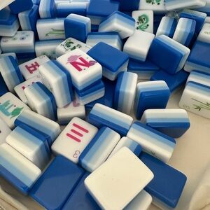Blue & White Mahjong Tiles Set complete with blanks, dice, and bag. No name set